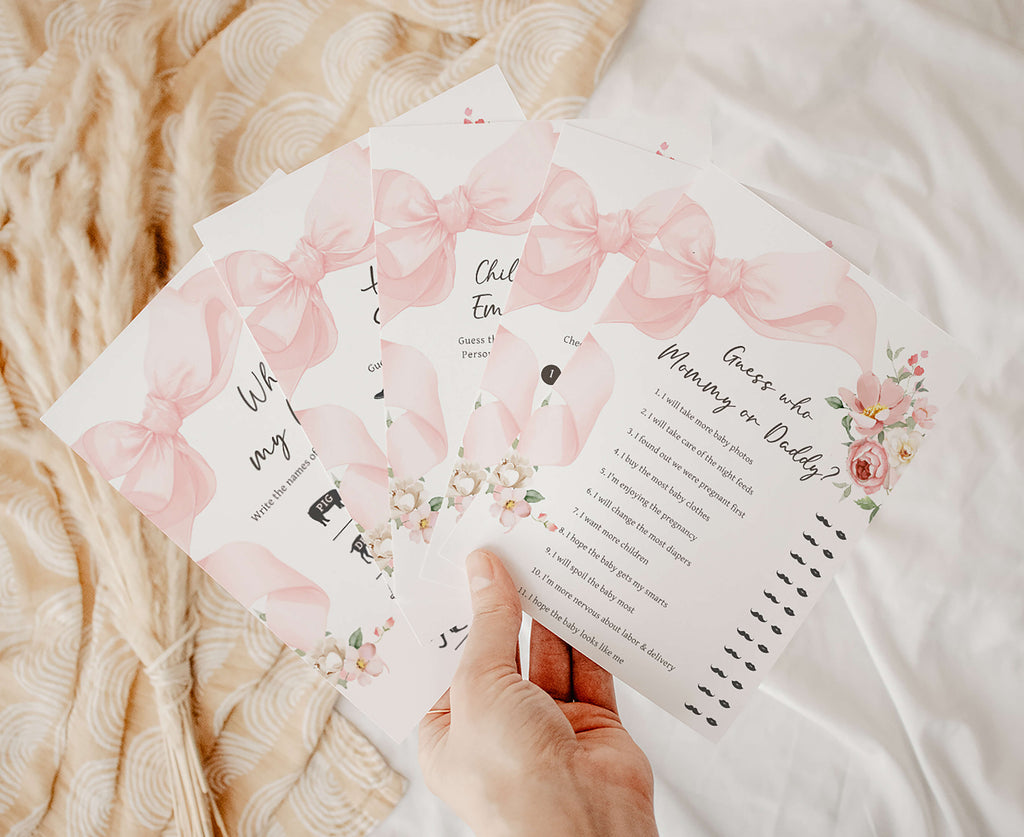 Spring floral girl baby shower games bundle with pink bow theme