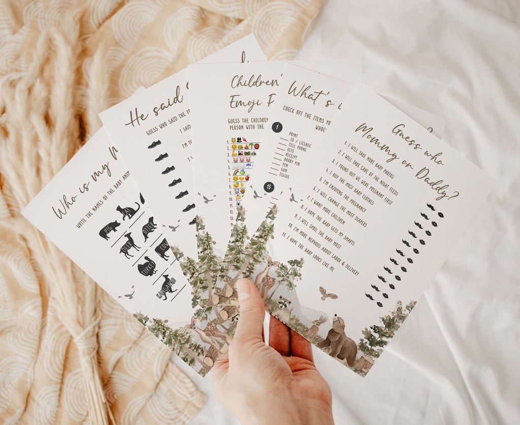 Woodland baby shower games bundle with forest animals and adventure theme