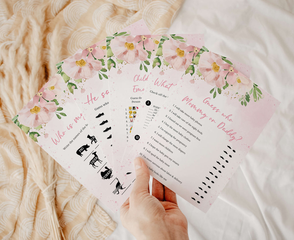 Spring floral girl baby shower games bundle with pink flower theme printables