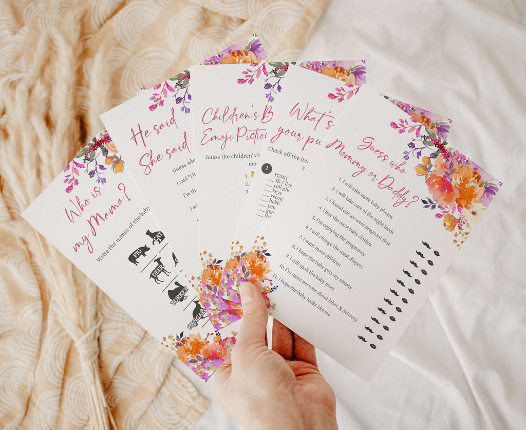 Spring floral baby girl shower games bundle, printable bloom theme matching set
