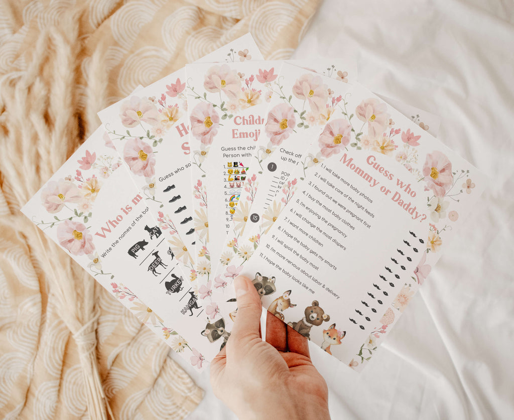 Spring woodland baby shower games bundle with floral and forest animal theme for girl party