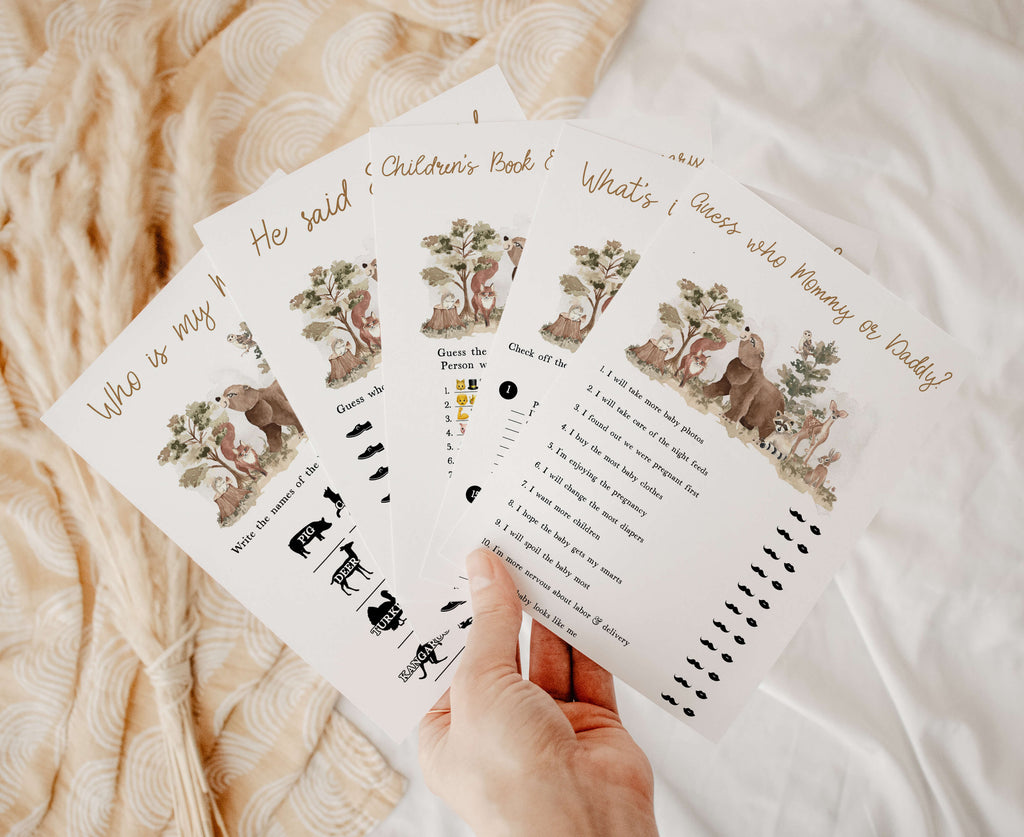 Woodland baby shower games bundle with forest animals and matching adventure awaits design