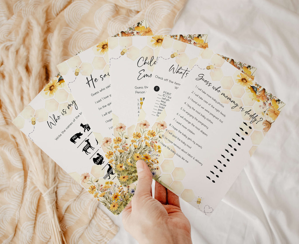 Honey bee baby shower games bundle with spring floral and honeycomb design for gender neutral bee theme party