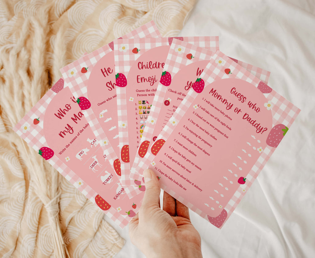 Strawberry baby shower games bundle for spring berry girl theme