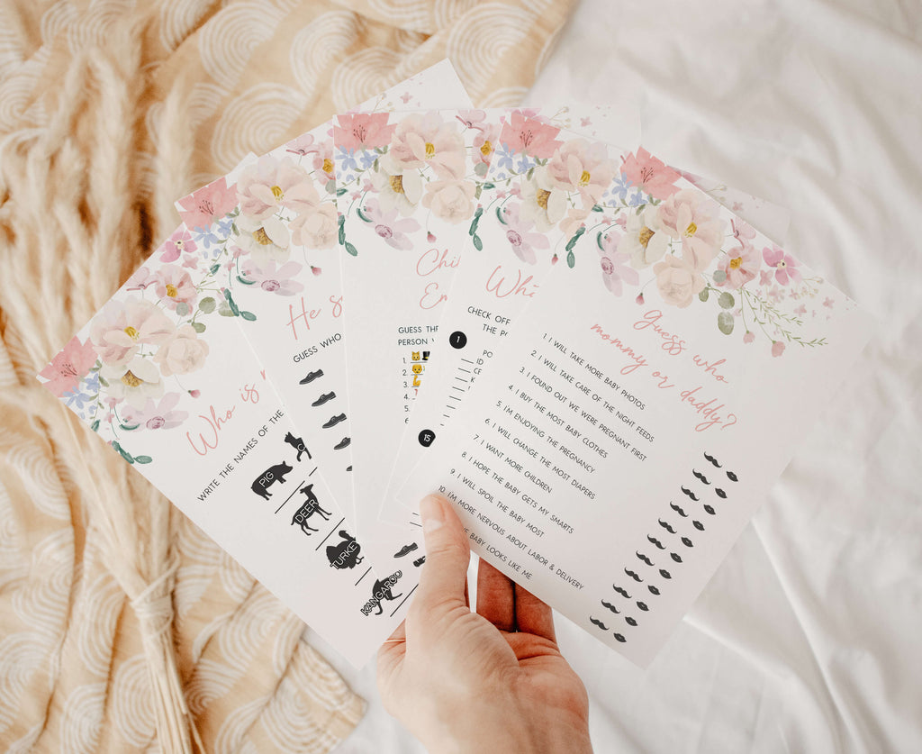 Spring floral baby in bloom girl baby shower games bundle printable digital pack