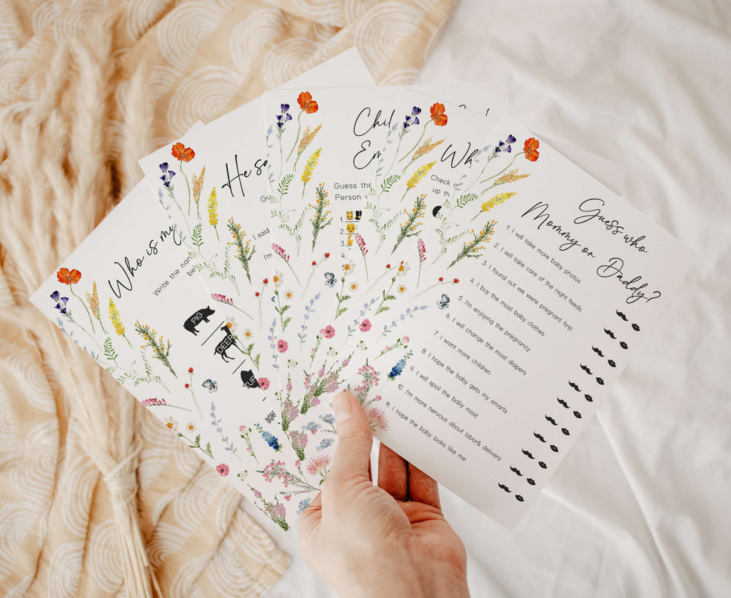 Spring wildflower baby girl baby shower games bundle for printable party activities