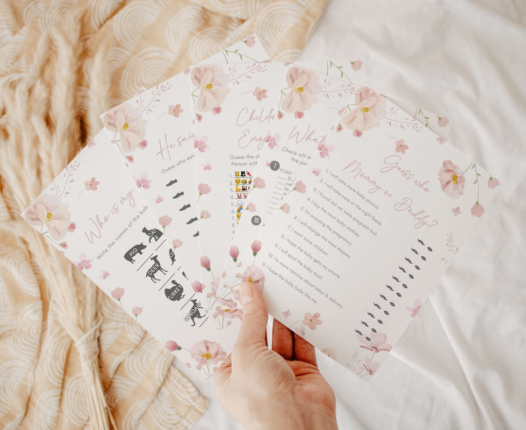 Spring floral baby girl shower games bundle for bloom theme party