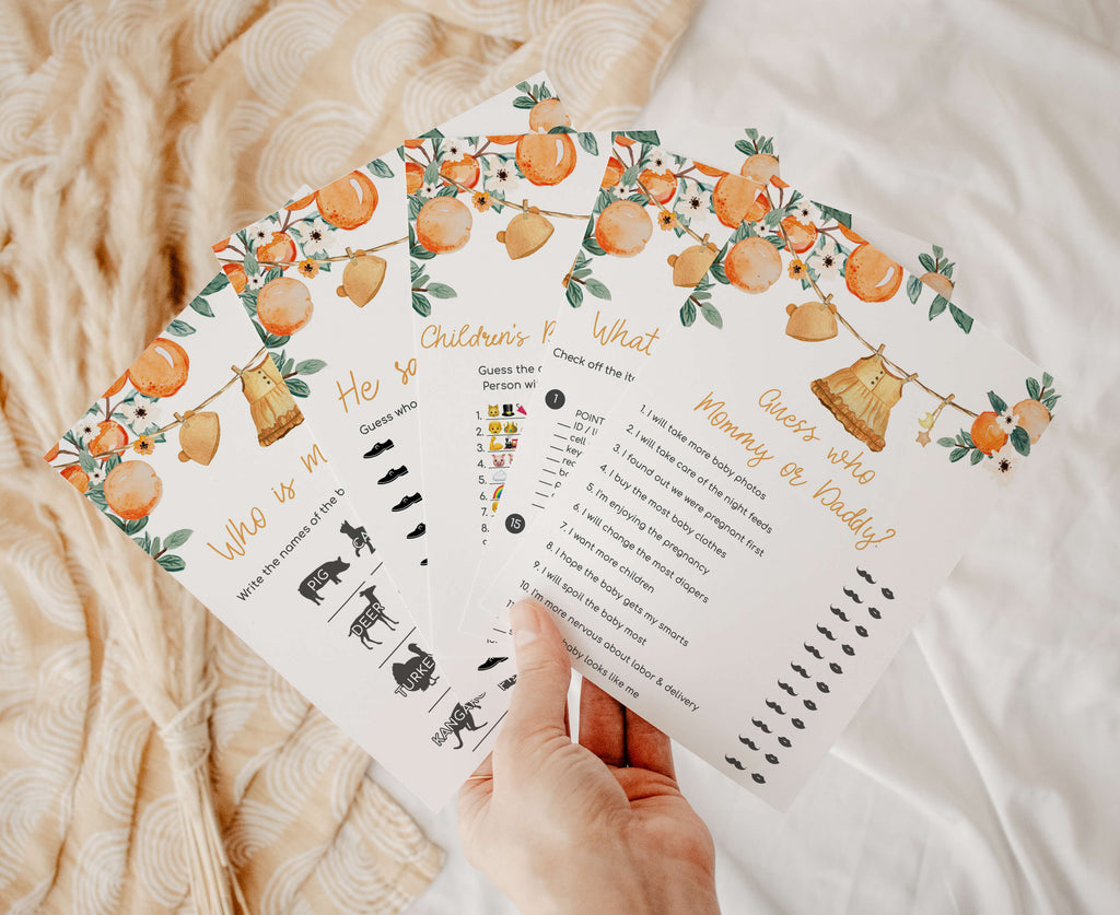 little cutie baby shower games bundle with citrus orange theme for spring summer events