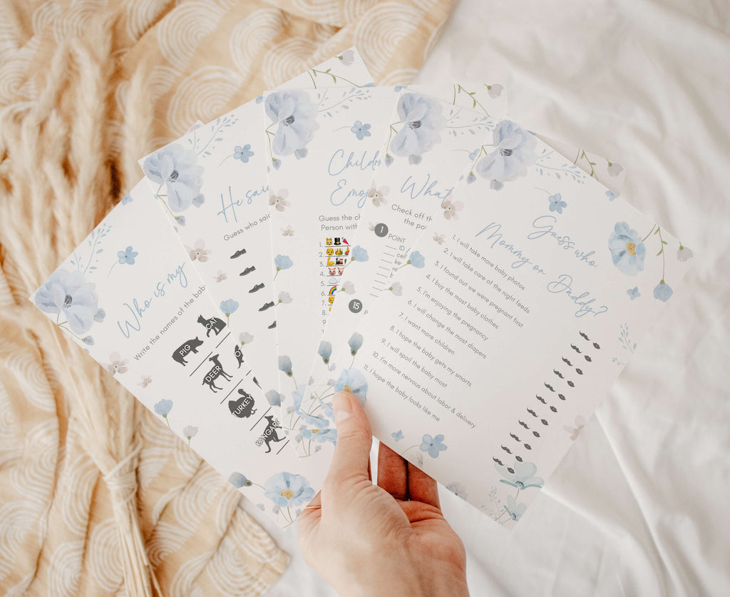 Spring floral baby shower games bundle for boy, printable baby in bloom design, blue flower baby shower boy games pack matching spring baby in bloom theme
