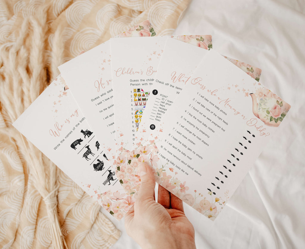 Spring tea party baby shower games bundle with floral tea theme