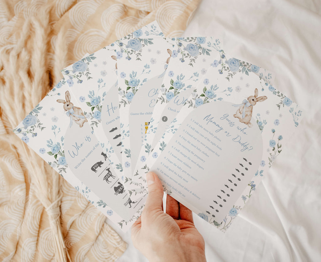 Spring bunny baby shower games bundle in blue boy theme