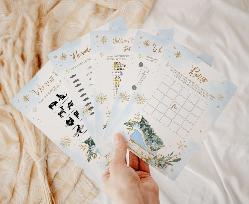 Winter wonderland baby shower games bundle boy with gold snowflakes and blue sleigh design