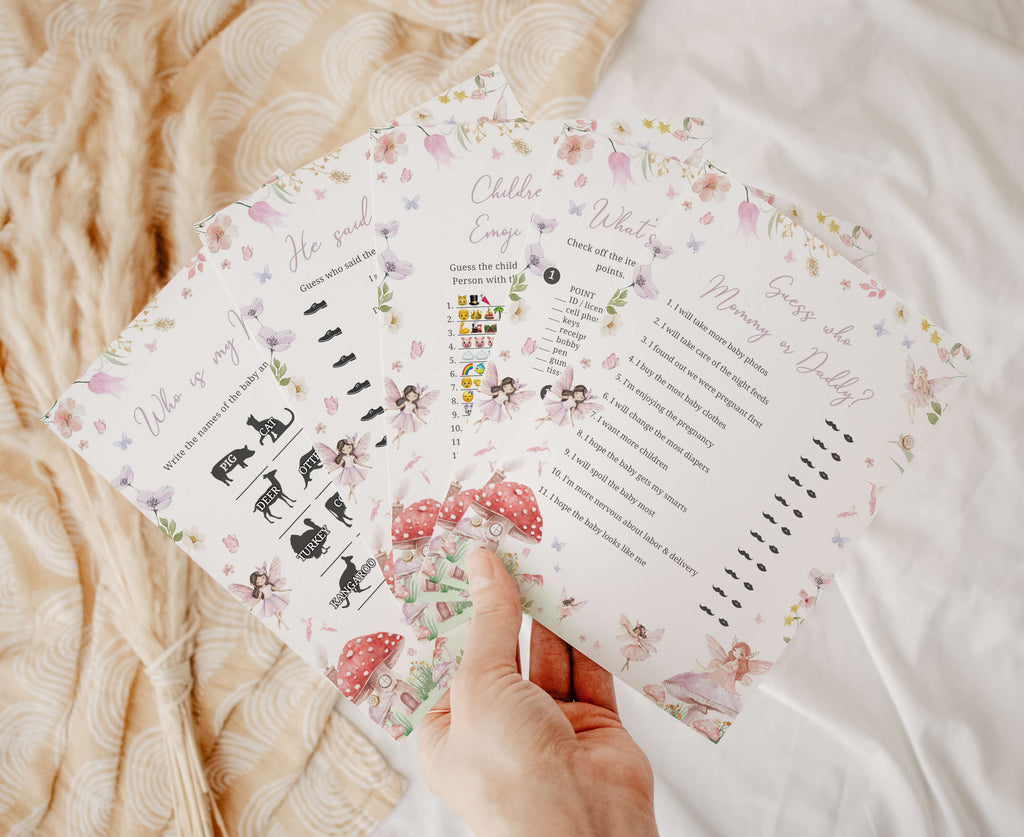 Fairy baby shower games bundle with spring floral and mushroom graphics for girl themed shower