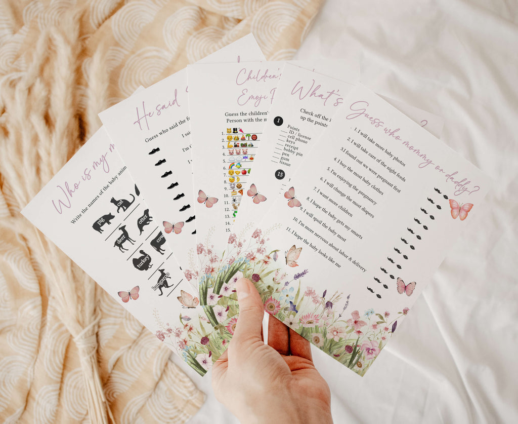 Butterfly baby shower games bundle with spring floral theme