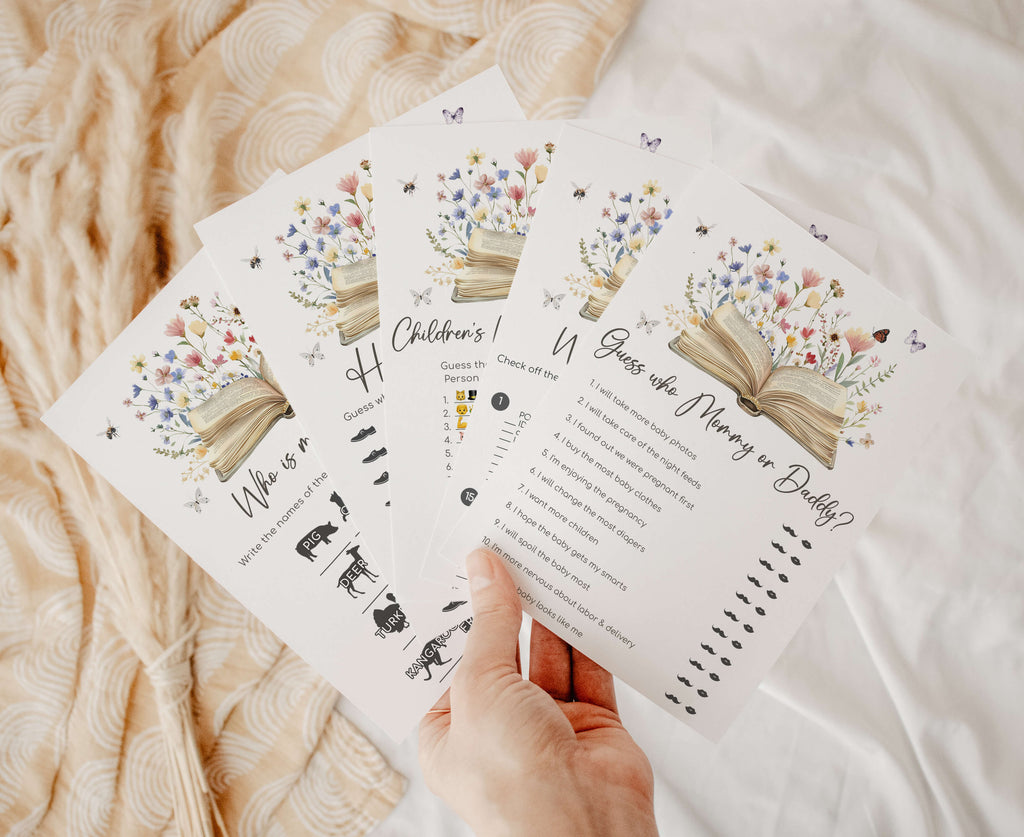 Spring storybook baby shower games bundle with floral and butterfly theme