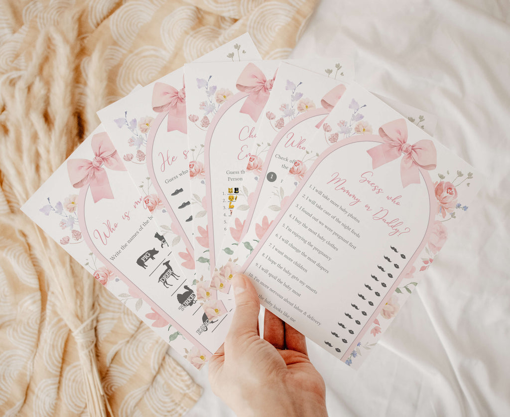 Spring floral baby girl shower games bundle with pink bow theme, pink bow floral baby girl shower printable games set, baby girl spring shower games bundle with floral design