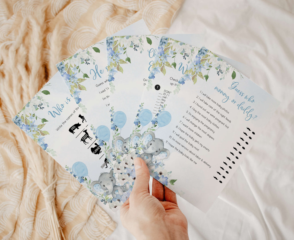 Spring elephant boy baby shower games bundle with elephant and blue floral theme