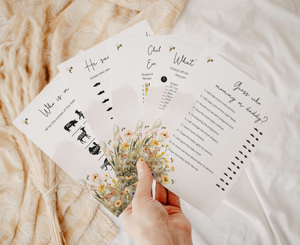 Spring bee baby shower games bundle with wildflower theme for gender neutral party activities