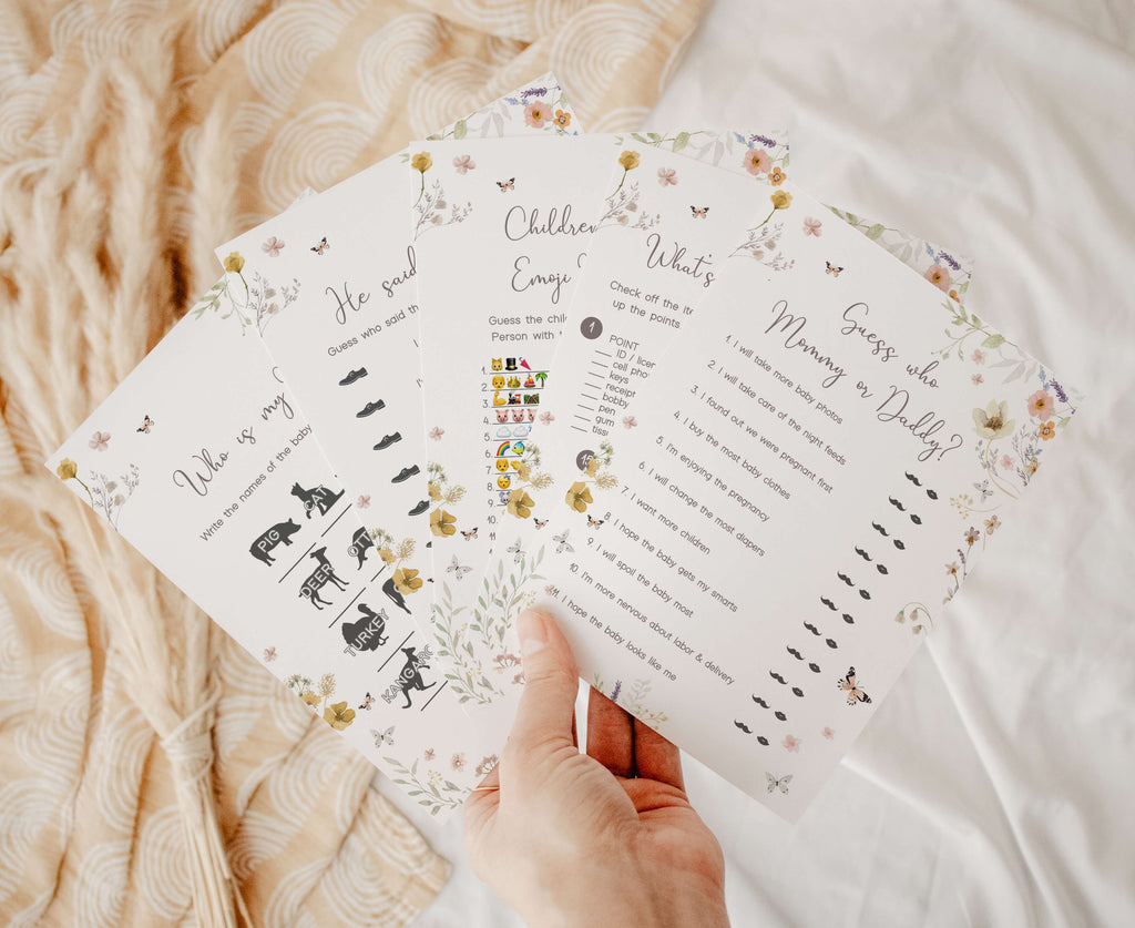 Wildflower baby shower games bundle for girl with spring floral and butterfly theme