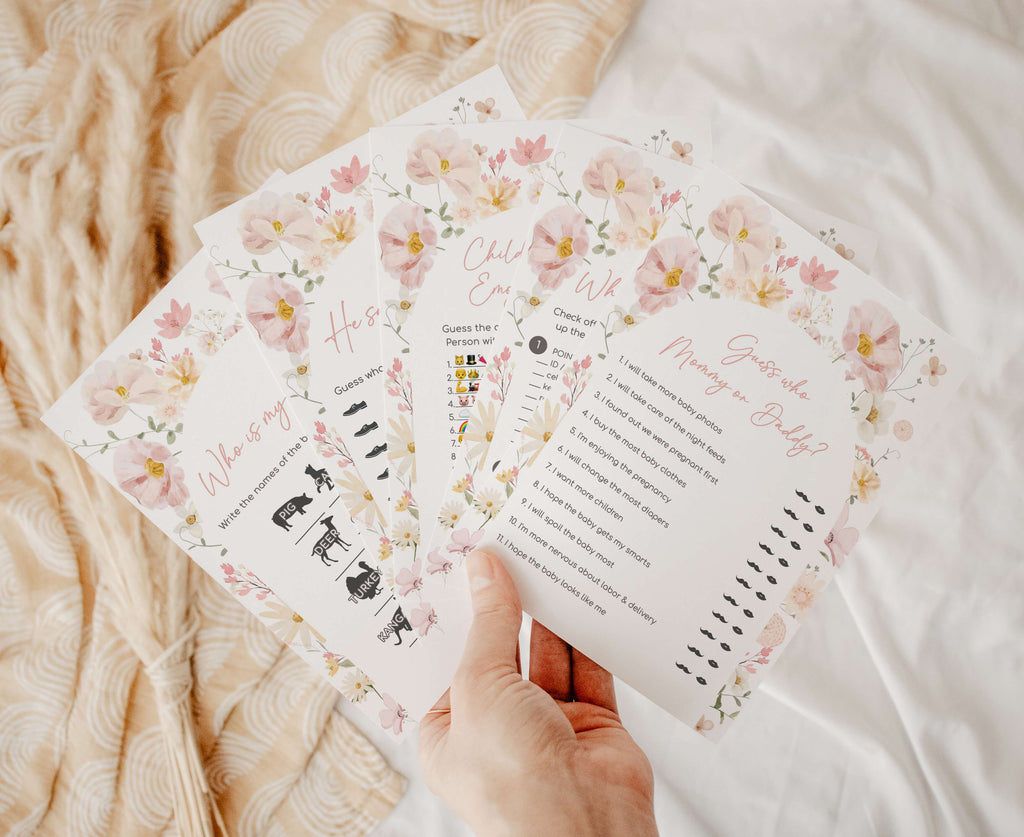 Spring floral baby in bloom baby shower games bundle for girl printable set