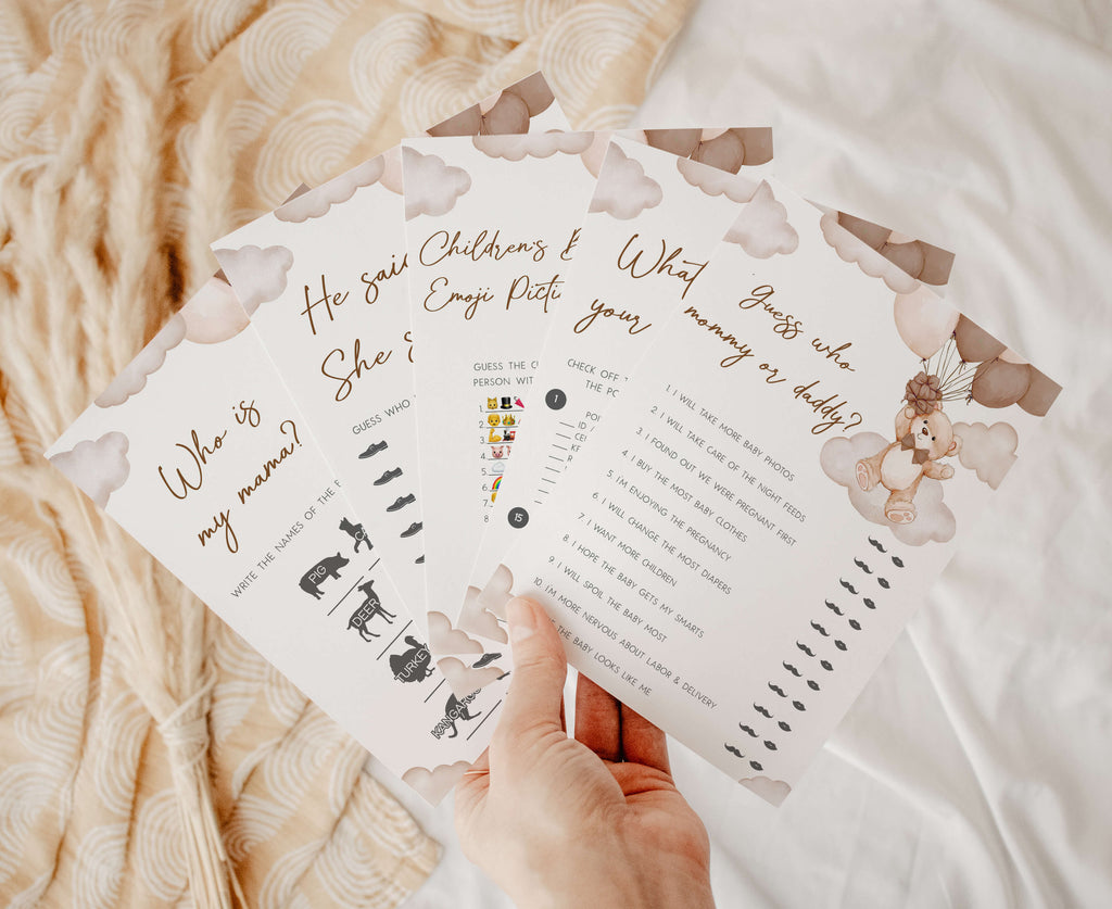 Printable teddy bear baby shower games bundle with neutral bear, balloons and clouds
