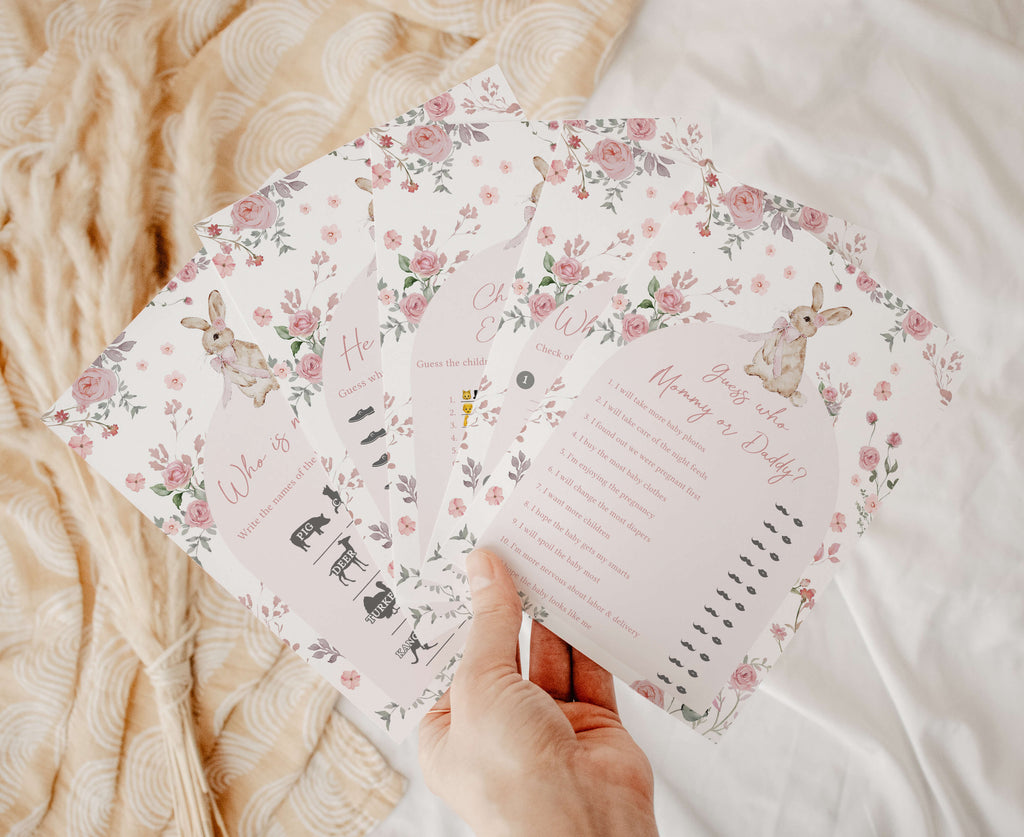 Spring bunny baby shower games bundle with floral theme for girl baby shower activities