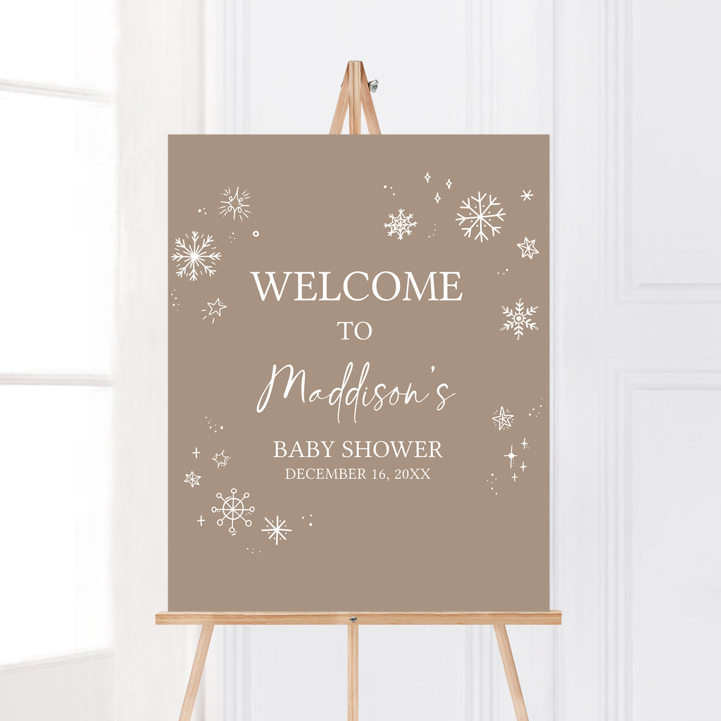 Neutral winter baby shower welcome sign with rustic snowflake design, Baby It’s Cold Outside theme
