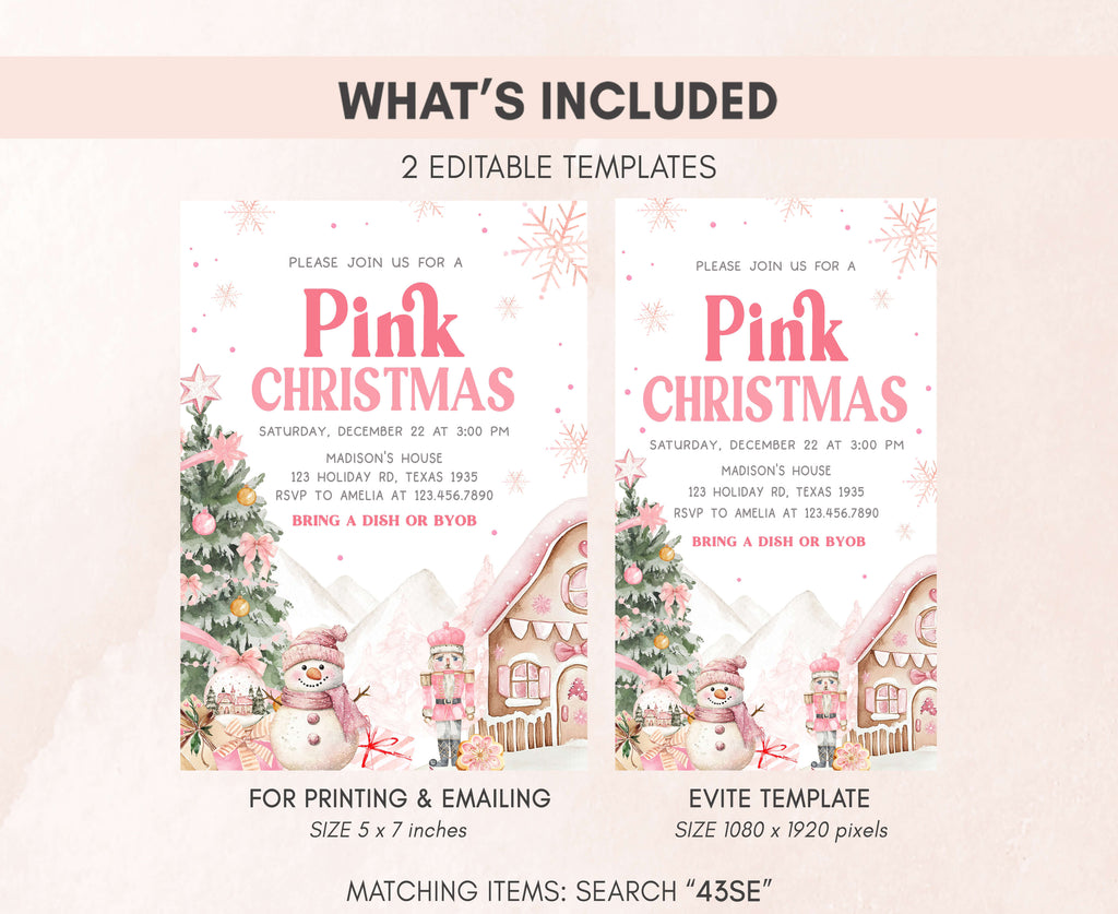 Elegant pink Christmas stationery template for holiday parties