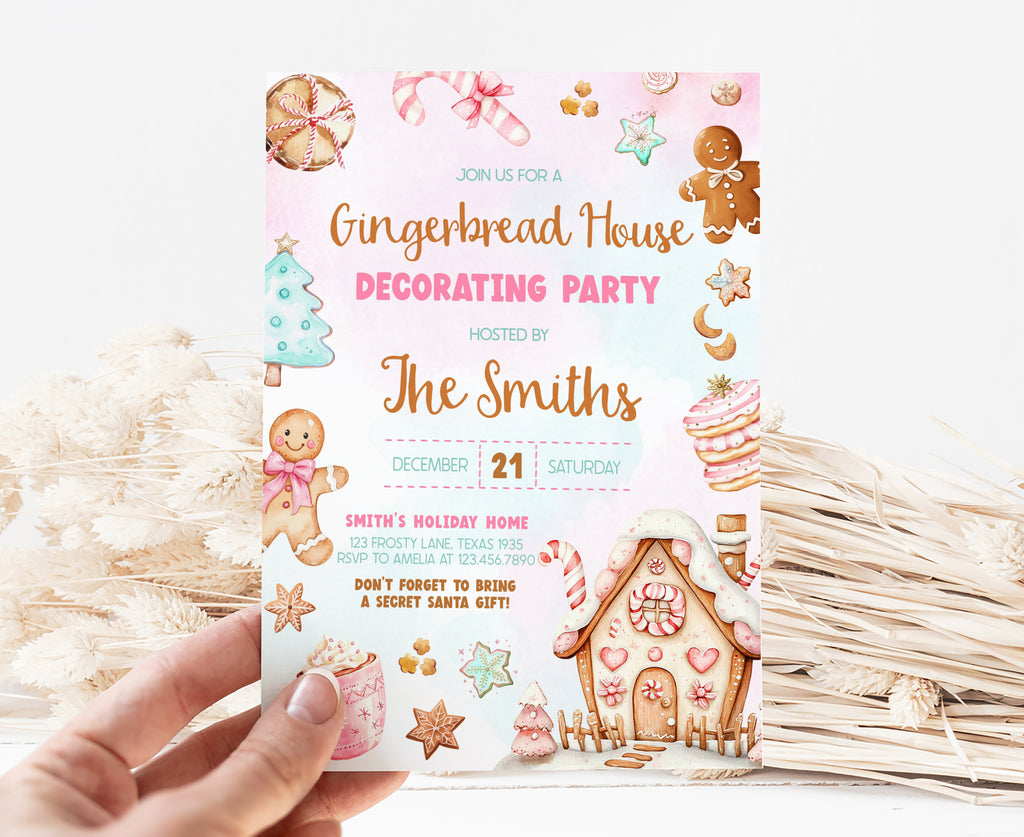 Pastel gingerbread house Christmas invitation with candy cane design