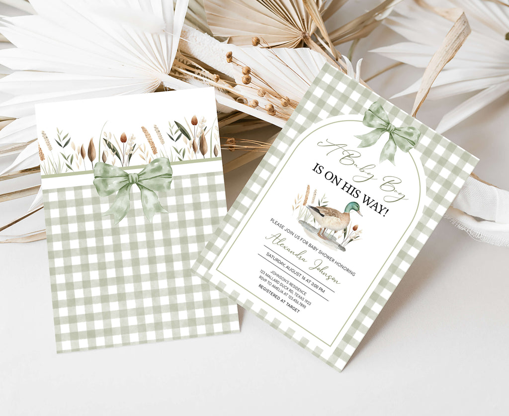 Gingham Boy Baby Shower Printable Template; Editable Duck Theme Baby Shower Invitation