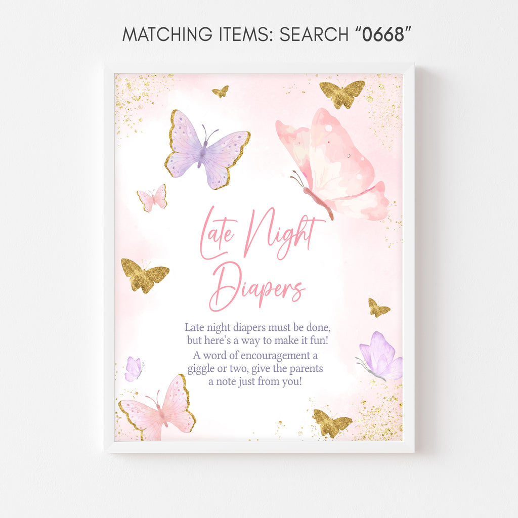 Butterfly Baby Shower Late Night Diapers Sign