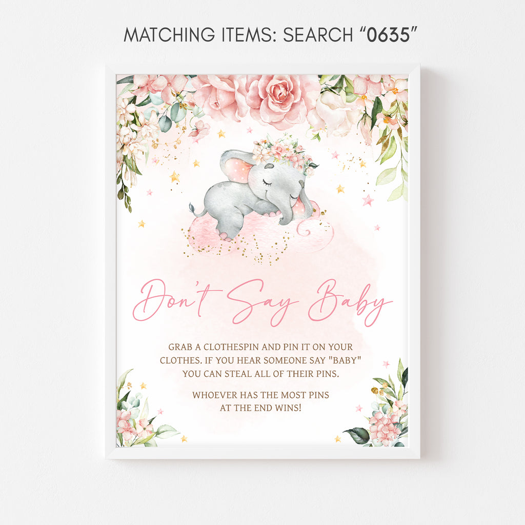 Pink Floral Elephant Baby Shower Don't Say Baby Sign