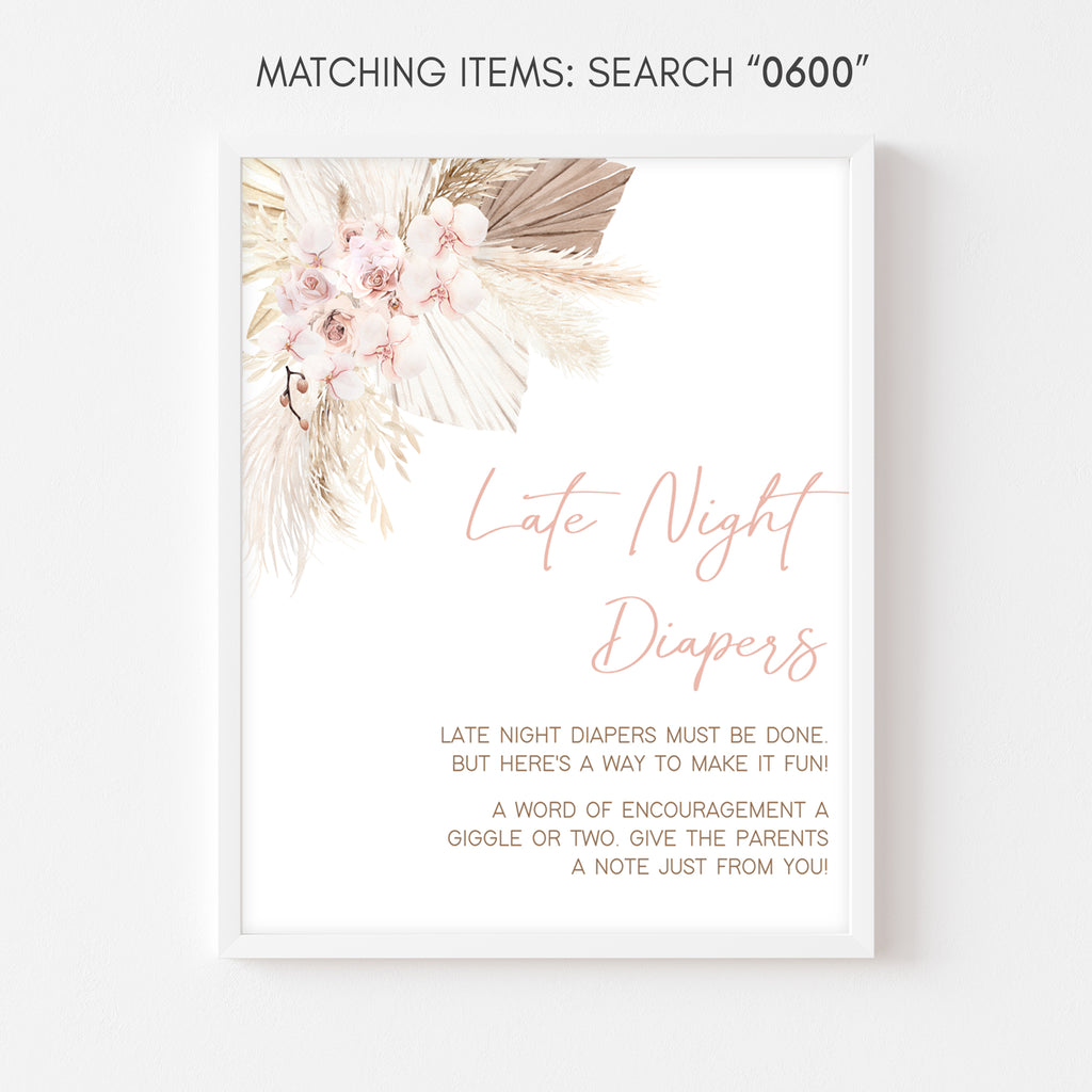 Boho Floral Baby Shower Late Night Diapers Sign