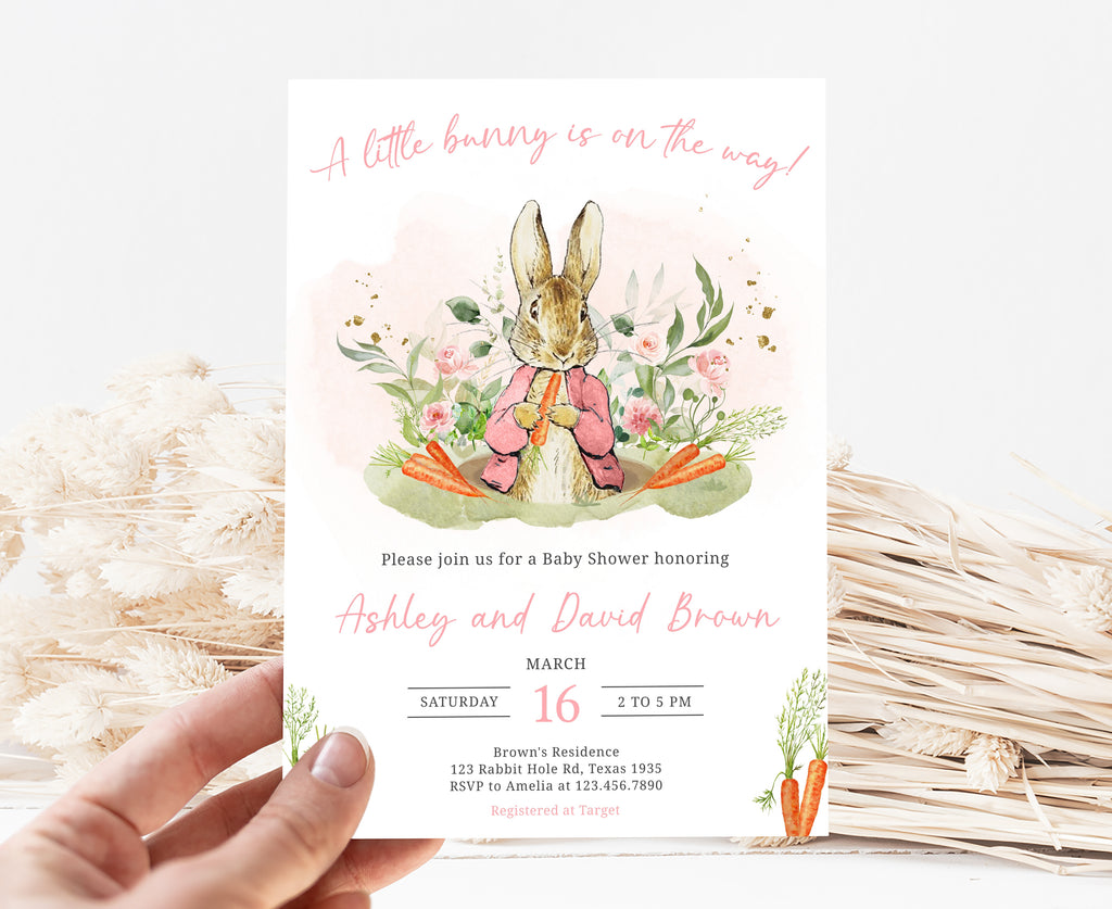 Pink Peter Rabbit Baby Shower Invitation