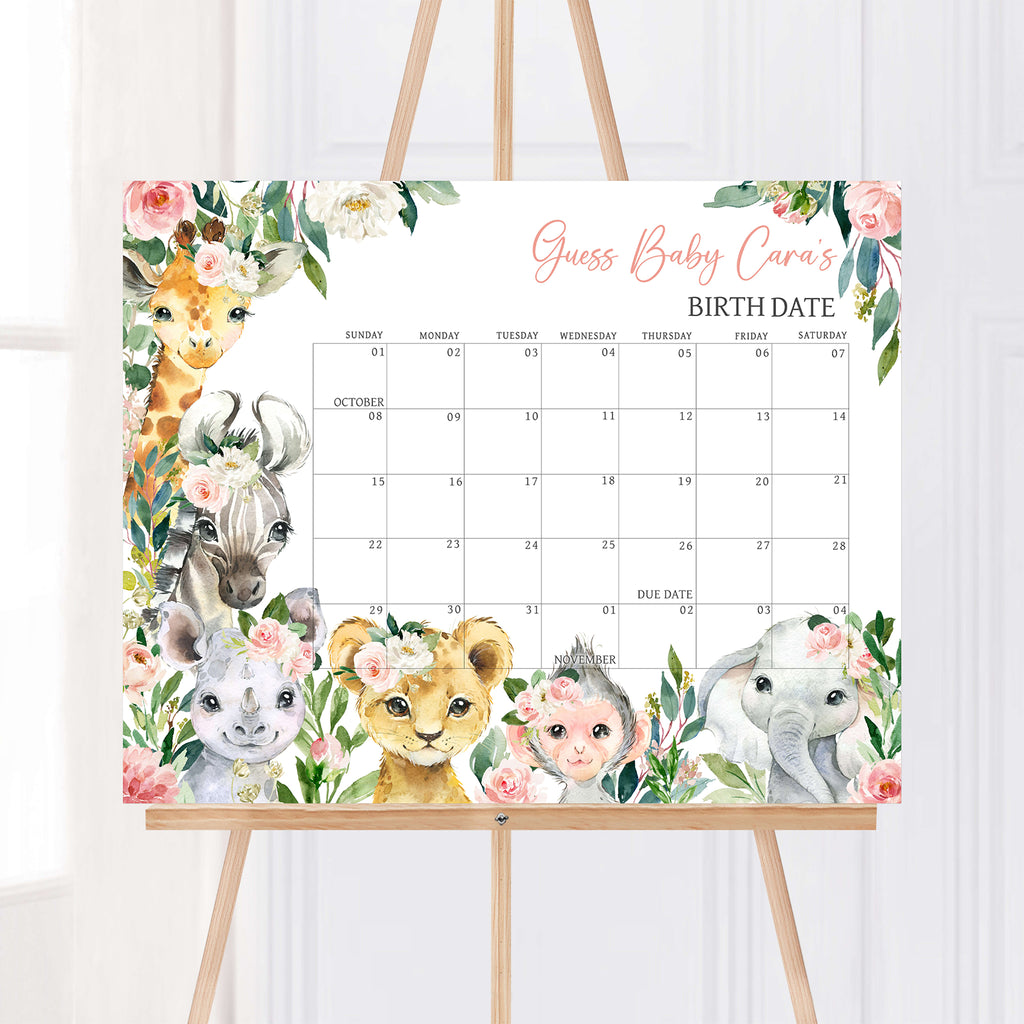 Wild One Floral Safari Baby Shower Due Date Calendar