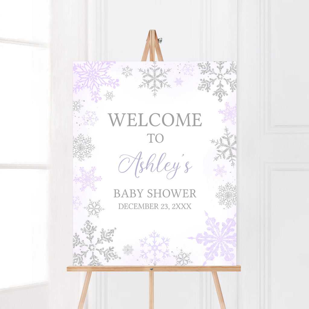 Purple Snowflake Baby Shower Welcome Sign