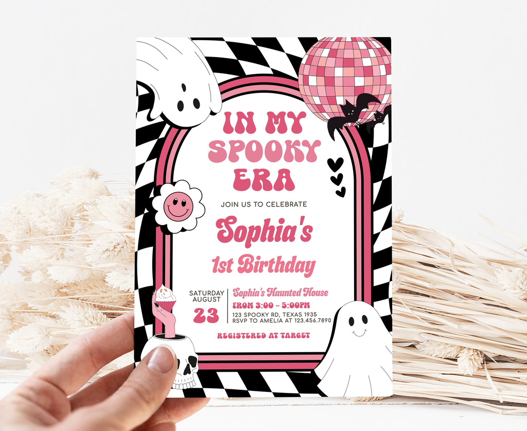 Editable pink Halloween birthday invitation template