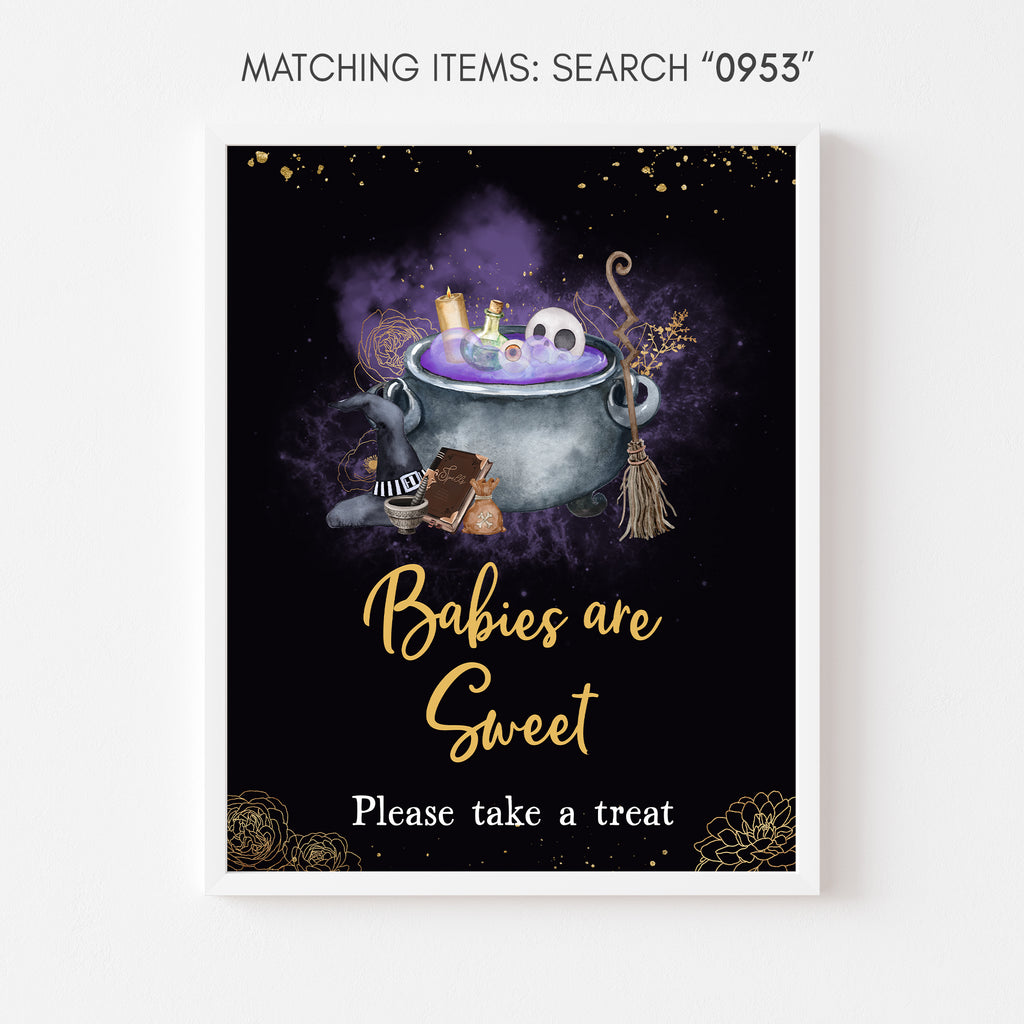 Halloween babies are sweet sign with witch cauldron and purple spooky theme