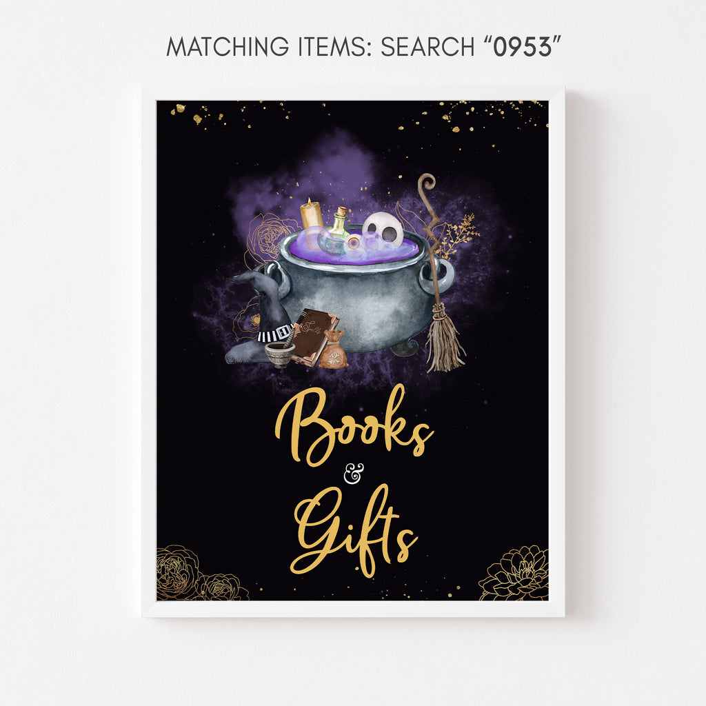 Witch cauldron Halloween books and gifts sign for spooky baby shower decor