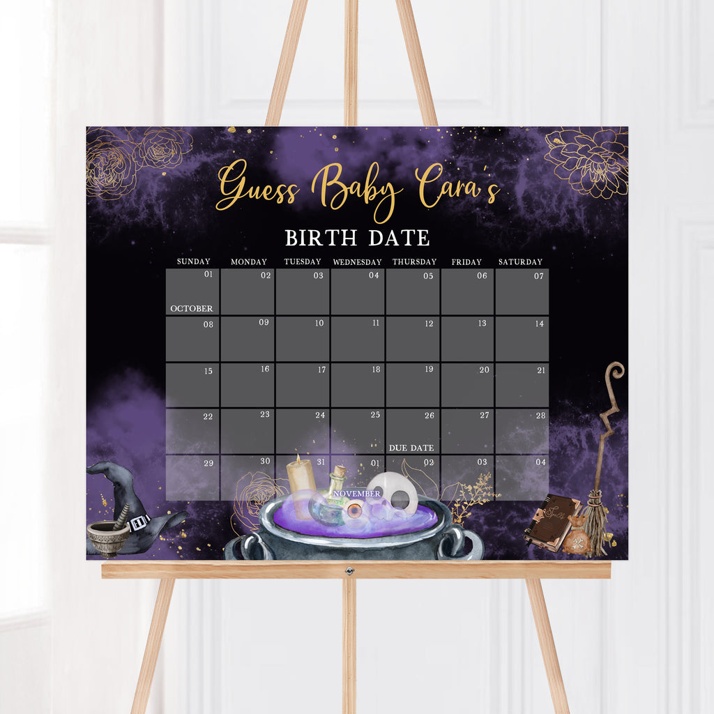 Witch cauldron Halloween due date calendar for baby brewing shower party guest activity, editable Halloween baby shower due date game with purple and gold spooky design
