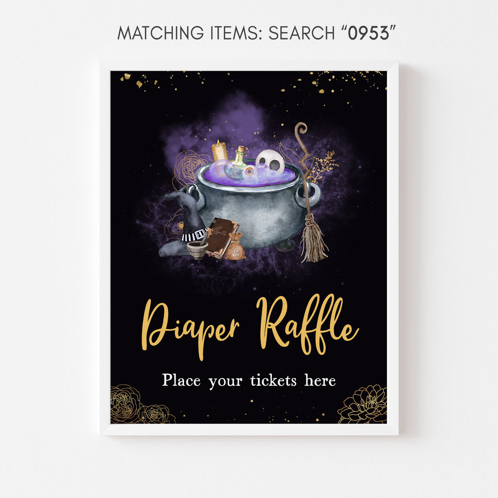 Purple and gold Halloween diaper raffle sign with spooky witch theme