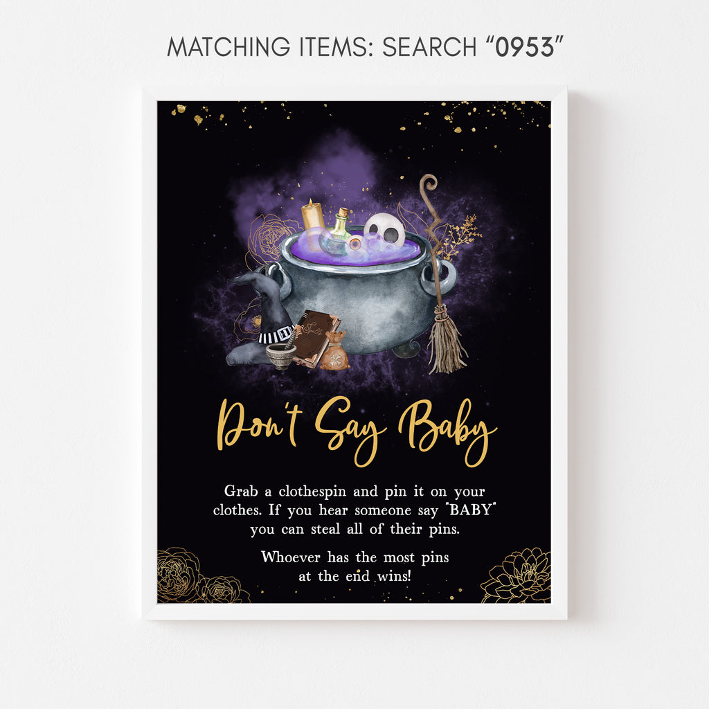 Spooky Halloween don't say baby game sign with witch cauldron design