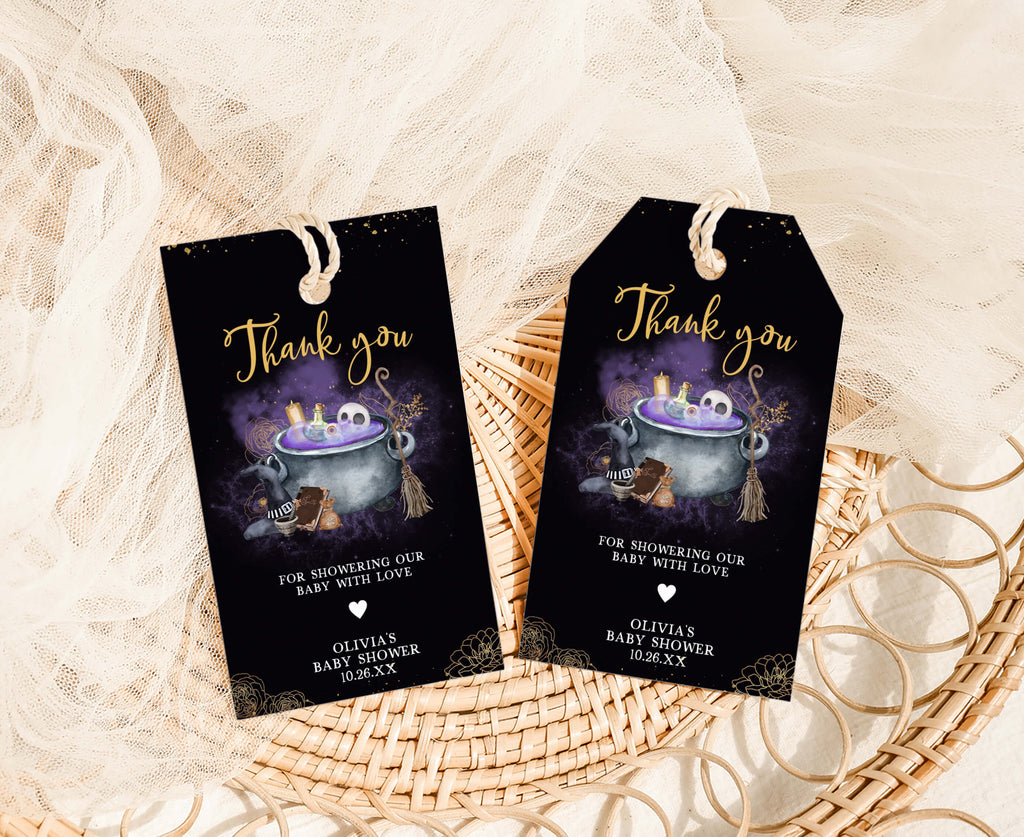 Spooky Halloween baby shower favor tags with witch cauldron and gold floral accents, witch-themed Halloween baby brewing favor tags for party gifts and treats