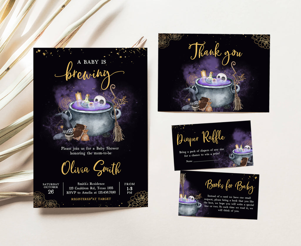 Halloween baby brewing invitation set with matching witch cauldron stationery, spooky Halloween baby shower invite set in purple, black, and gold design