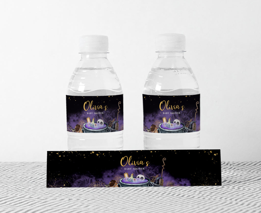 Halloween baby brewing bottle labels with witch cauldron design for spooky baby shower favors