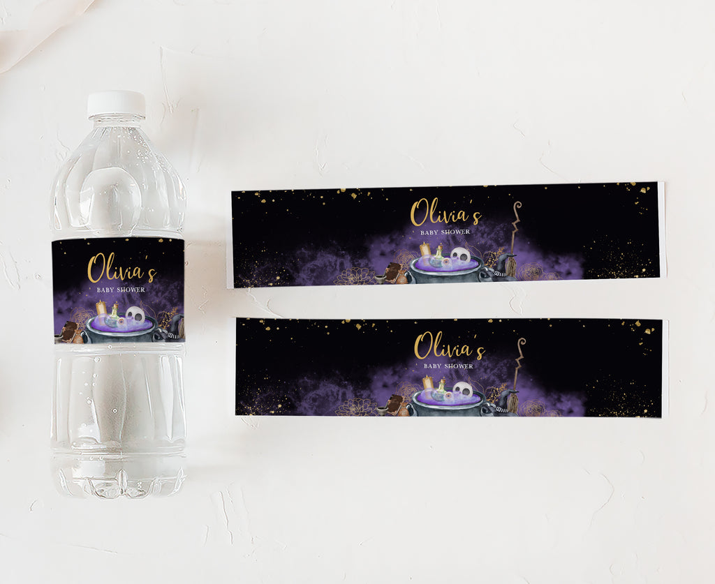 Purple and gold Halloween baby shower drink bottle label, witch theme party decoration