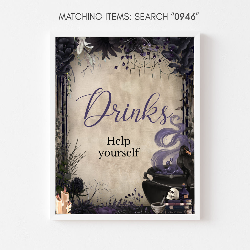 Halloween baby shower drinks sign with gothic purple florals and cauldron illustration