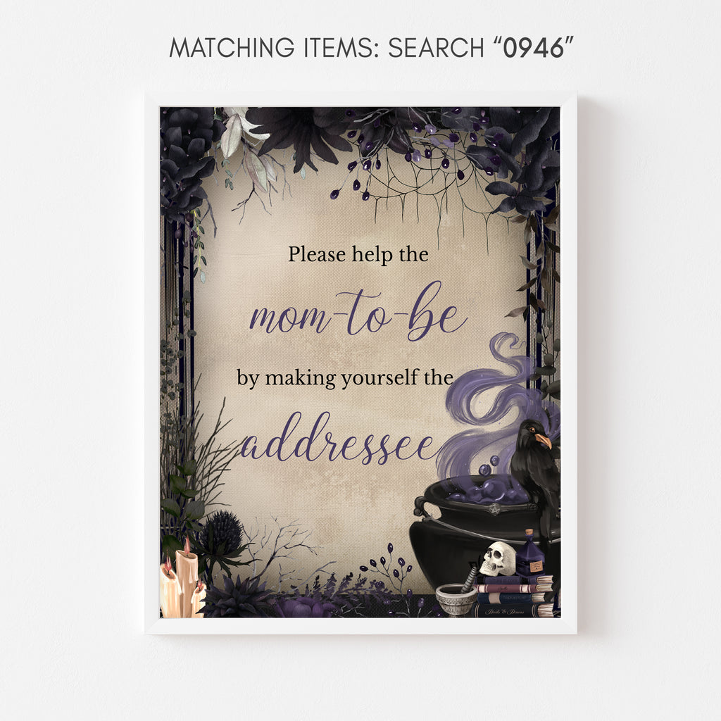 Spooky baby shower envelope station sign with witchy purple floral and skull