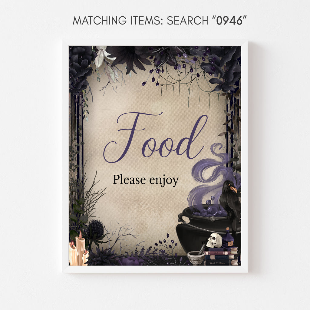 Spooky baby shower food sign with witchy purple florals and cauldron art
