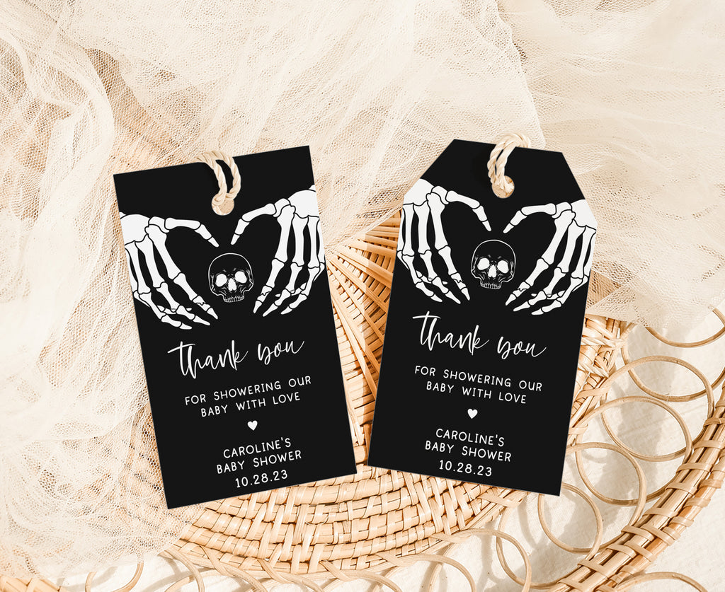 Spooky skeleton hands favor tags for Halloween baby shower, gender neutral gothic party favors